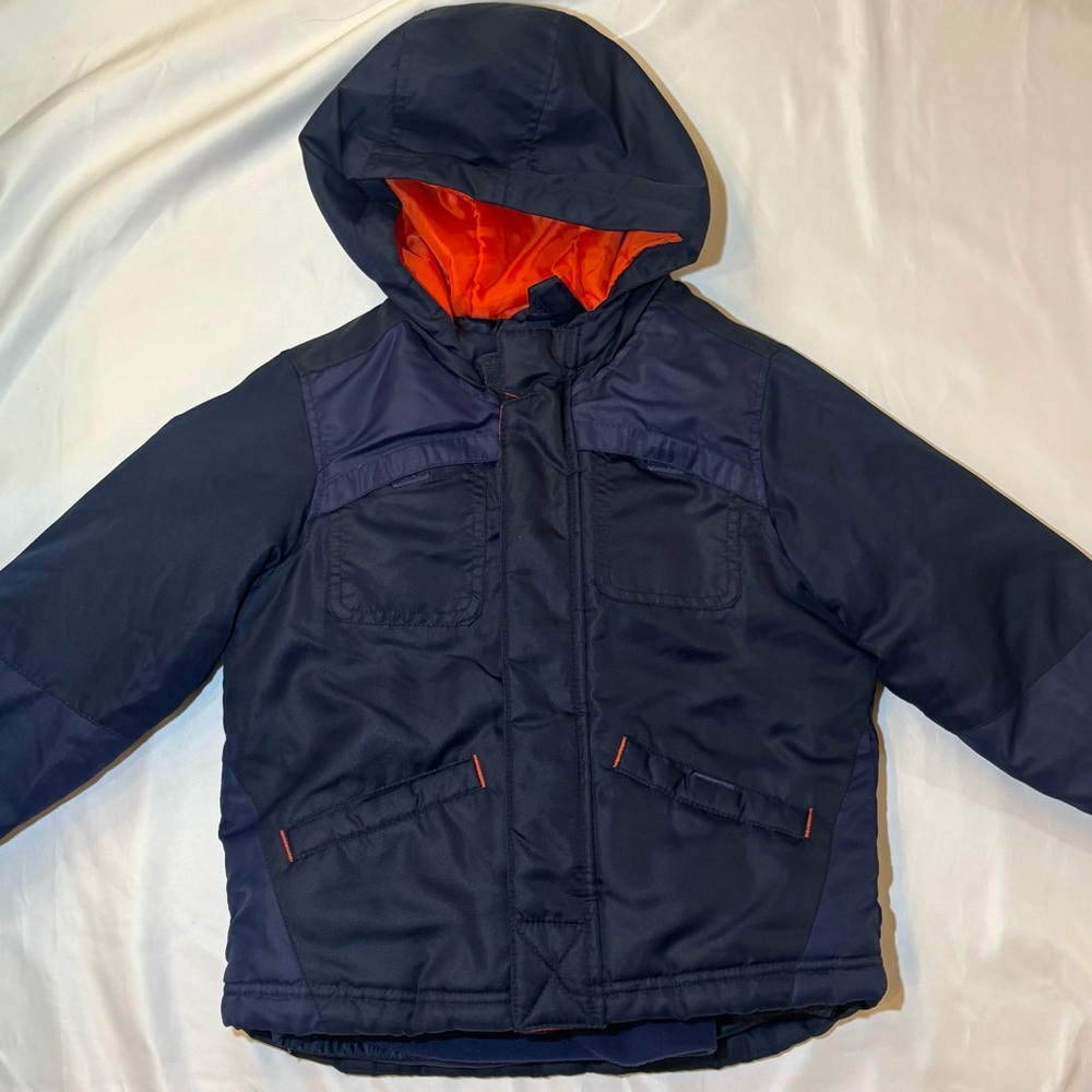 Old Navy Kids Navy Blue Hooded Winter Jacket with Fleece Lining & Orange Accent